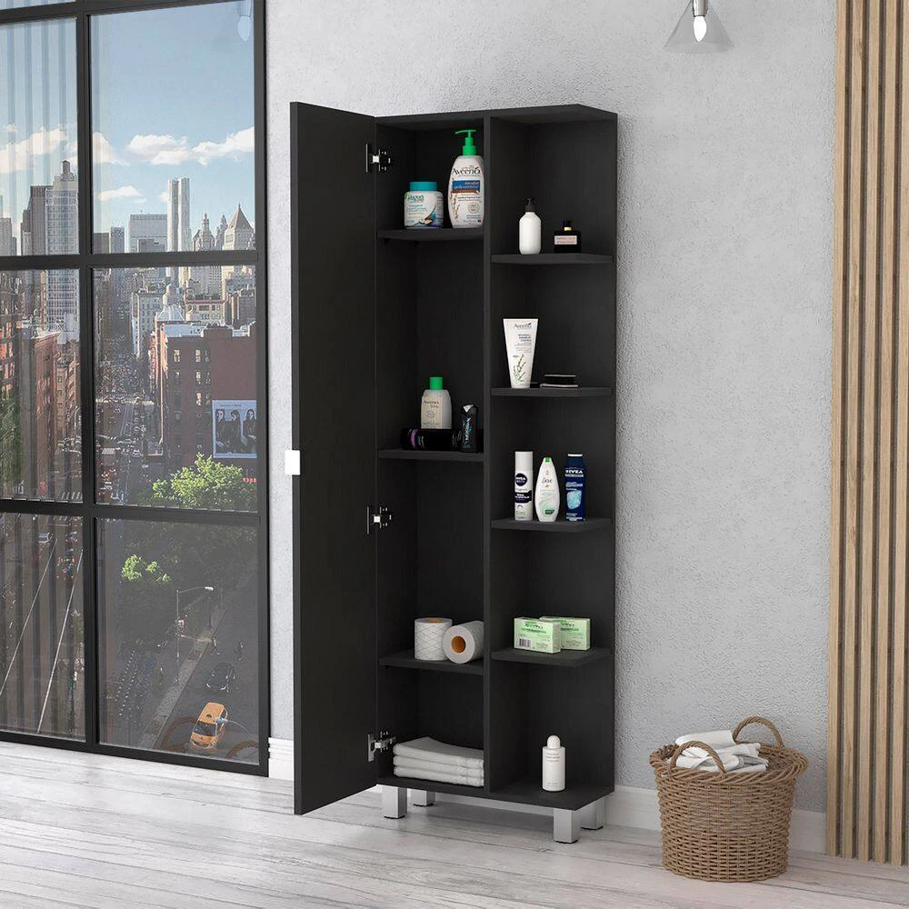 20.15 In. W X 8.45 In. D X 62.20 In. H Black Melamine Freestanding Linen Cabinet W/5-Shelves In Black 2 20.15 In. W X 8.45 In. D X 62.20 In. H Black Melamine Freestanding Linen Cabinet W/5-Shelves In Black - Image 2
