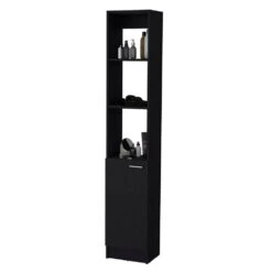13.03 In. W X 10.43 In. D X 70.87 In. H Black Wood Freestanding Linen Cabinet W/3-Open Shelves And Door In Black -Tahanbath black tahanbath linen cabinets ct xl p189937 44 1000