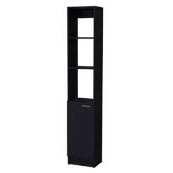 13.03 In. W X 10.43 In. D X 70.87 In. H Black Wood Freestanding Linen Cabinet W/3-Open Shelves And Door In Black
