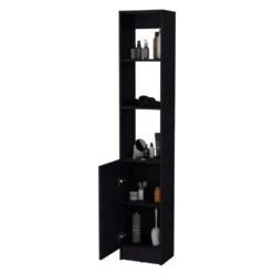 13.03 In. W X 10.43 In. D X 70.87 In. H Black Wood Freestanding Linen Cabinet W/3-Open Shelves And Door In Black -Tahanbath black tahanbath linen cabinets ct xl p189937 fa 1000