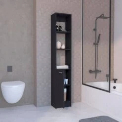 13.03 In. W X 10.43 In. D X 70.87 In. H Black Wood Freestanding Linen Cabinet W/6-Shelves And Door In Black -Tahanbath black tahanbath linen cabinets ct xl p199754 31 1000