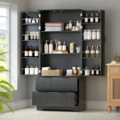 15.75 In. W X 31.49 In. D X 71.65 In. H MDF Freestanding Linen Cabinet With 2-Drawers And 8-Door In Black -Tahanbath black tahanbath linen cabinets ct xl p294988 31 1000