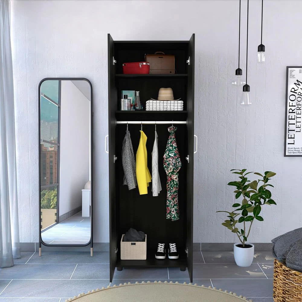 19 In. W X 23.60 In. D X 70.80 In. H Black Particle Board Freestanding Linen Cabinet With Shelves And Rod In Black 2 19 In. W X 23.60 In. D X 70.80 In. H Black Particle Board Freestanding Linen Cabinet With Shelves And Rod In Black - Image 2