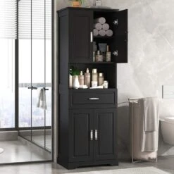 16.10 In. W X 24.50 In. D X 70.80 In. H Bathroom Storage Wall Cabinet In Black -Tahanbath black tahanbath linen cabinets z n725p192478b 31 1000
