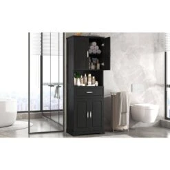 16.10 In. W X 24.50 In. D X 70.80 In. H Bathroom Storage Wall Cabinet In Black -Tahanbath black tahanbath linen cabinets z n725p192478b 4f 1000