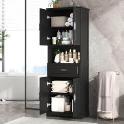 16.10 In. W X 24.50 In. D X 70.80 In. H Bathroom Storage Wall Cabinet In Black -Tahanbath black tahanbath linen cabinets z n725p192478b fa 1000