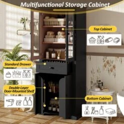 67.2 In. Modern Bathroom Linen Tower: Tempered Glass Doors, Adjustable Shelves In Black -Tahanbath black tahanbath pantry organizers z 61189 00ccgry 44 1000