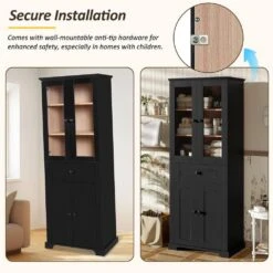 67.2 In. Modern Bathroom Linen Tower: Tempered Glass Doors, Adjustable Shelves In Black -Tahanbath black tahanbath pantry organizers z 61189 00ccgry fa 1000