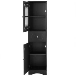 Tall Freestanding Bathroom Cabinet With Drawer, Doors And Acrylic Panel In Black -Tahanbath black tahanbath pantry organizers z b082p232945 1f 1000