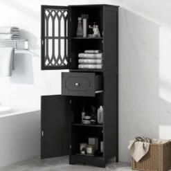 Tall Freestanding Bathroom Cabinet With Drawer, Doors And Acrylic Panel In Black -Tahanbath black tahanbath pantry organizers z b082p232945 31 1000