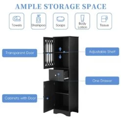 Tall Freestanding Bathroom Cabinet With Drawer, Doors And Acrylic Panel In Black -Tahanbath black tahanbath pantry organizers z b082p232945 fa 1000