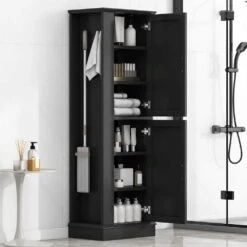 Tall Bathroom Storage Cabinet, Freestanding Storage Cabinet With Hook And Adjustable Shelf, MDF Board, Black -Tahanbath black tahanbath pantry organizers z n725p241834b 1f 1000
