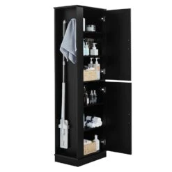 Tall Bathroom Storage Cabinet, Freestanding Storage Cabinet With Hook And Adjustable Shelf, MDF Board, Black -Tahanbath black tahanbath pantry organizers z n725p241834b 44 1000