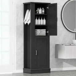 Tall Bathroom Storage Cabinet, Freestanding Storage Cabinet With Hook And Adjustable Shelf, MDF Board, Black -Tahanbath black tahanbath pantry organizers z n725p241834b 4f 1000