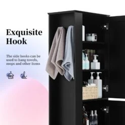 Tall Bathroom Storage Cabinet, Freestanding Storage Cabinet With Hook And Adjustable Shelf, MDF Board, Black -Tahanbath black tahanbath pantry organizers z n725p241834b 76 1000