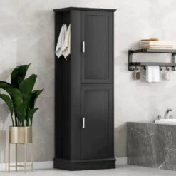 Tall Bathroom Storage Cabinet, Freestanding Storage Cabinet With Hook And Adjustable Shelf, MDF Board, Black -Tahanbath black tahanbath pantry organizers z n725p241834b fa 1000