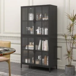 Black Metal Storage Cabinet, Glass Doors, Adjustable Shelves, Anti-Tip, Silent Close, Adjustable Feet -Tahanbath black tahanbath pantry organizers z t2398p263577 4f 1000