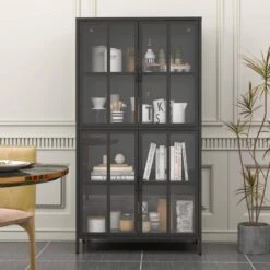 Black Metal Storage Cabinet, Glass Doors, Adjustable Shelves, Anti-Tip, Silent Close, Adjustable Feet