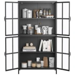 Black Metal Storage Cabinet, Glass Doors, Adjustable Shelves, Anti-Tip, Silent Close, Adjustable Feet -Tahanbath black tahanbath pantry organizers z t2398p263577 fa 1000