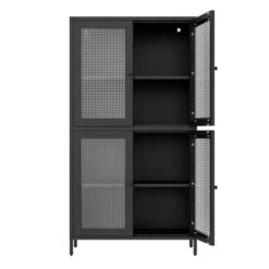 4-Door 4-Shelf Classic Metal Cabinet: Waffle Grids Tempered Glass In Black -Tahanbath black tahanbath pantry organizers z w1162p152978 1f 1000