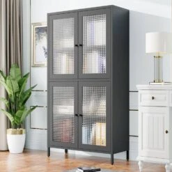 4-Door 4-Shelf Classic Metal Cabinet: Waffle Grids Tempered Glass In Black -Tahanbath black tahanbath pantry organizers z w1162p152978 31 1000