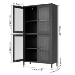 4-Door 4-Shelf Classic Metal Cabinet: Waffle Grids Tempered Glass In Black -Tahanbath black tahanbath pantry organizers z w1162p152978 44 1000