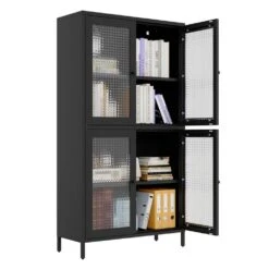 4-Door 4-Shelf Classic Metal Cabinet: Waffle Grids Tempered Glass In Black -Tahanbath black tahanbath pantry organizers z w1162p152978 4f 1000