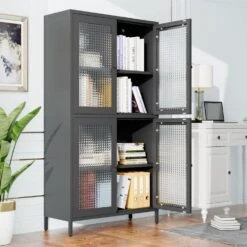 4-Door 4-Shelf Classic Metal Cabinet: Waffle Grids Tempered Glass In Black -Tahanbath black tahanbath pantry organizers z w1162p152978 76 1000