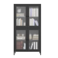 4-Door 4-Shelf Classic Metal Cabinet: Waffle Grids Tempered Glass In Black -Tahanbath black tahanbath pantry organizers z w1162p152978 fa 1000