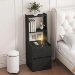 Modern Nightstand: Charging Station, Night Light, Bookshelf In Black -Tahanbath black tahanbath pantry organizers z w1247p179955 76 1000