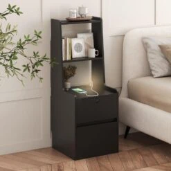 Modern Nightstand: Charging Station, Night Light, Bookshelf In Black -Tahanbath black tahanbath pantry organizers z w1247p179955 fa 1000
