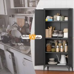 2-Door Metal Storage Cabinet: Tall Steel, Adjustable Shelves (Kitchen/Office) In Black -Tahanbath black tahanbath pantry organizers z w1673123587 1f 1000