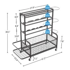 4-Tier Rolling Metal Storage Organizer With Baskets And Hooks, For Sports Gear Indoor/Outdoor In Black -Tahanbath black tahanbath pantry organizers z w2167p144259 fa 1000