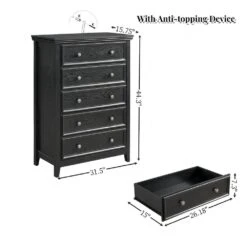 Modern 5-Drawer Dresser: Ideal For Living Room, Farmhouse Style In Black -Tahanbath black tahanbath pantry organizers z w2275p149804 4f 1000