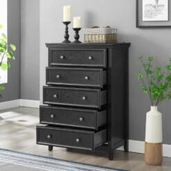 Modern 5-Drawer Dresser: Ideal For Living Room, Farmhouse Style In Black