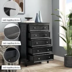 Modern 5-Drawer Dresser: Ideal For Living Room, Farmhouse Style In Black -Tahanbath black tahanbath pantry organizers z w2275p149804 76 1000