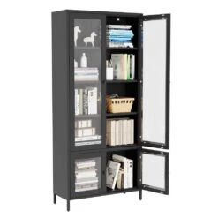 Large 4-Glass-Door Metal Display Cabinet: 5-Shelves For Bedroom, Living Room And More In Black -Tahanbath black tahanbath pantry organizers z w2378p176271 4f 1000