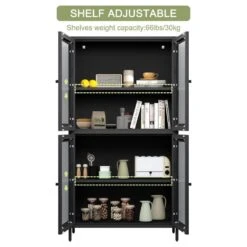 Black Classic Metal Cabinet With 4 Glass Doors And Tempered Glass Shelves: Elegant Storage For Home Or Living Room -Tahanbath black tahanbath pantry organizers z w2378p176372 1f 1000