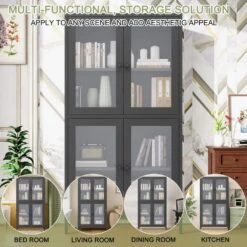 Black Classic Metal Cabinet With 4 Glass Doors And Tempered Glass Shelves: Elegant Storage For Home Or Living Room -Tahanbath black tahanbath pantry organizers z w2378p176372 31 1000