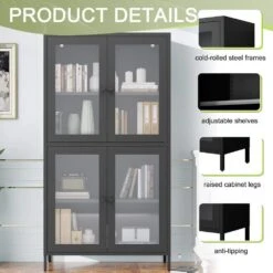 Black Classic Metal Cabinet With 4 Glass Doors And Tempered Glass Shelves: Elegant Storage For Home Or Living Room -Tahanbath black tahanbath pantry organizers z w2378p176372 44 1000