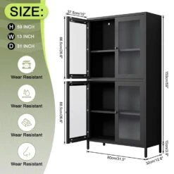 Black Classic Metal Cabinet With 4 Glass Doors And Tempered Glass Shelves: Elegant Storage For Home Or Living Room -Tahanbath black tahanbath pantry organizers z w2378p176372 4f 1000