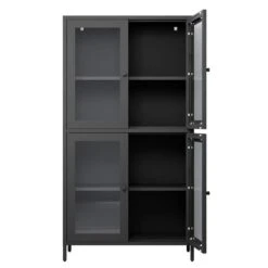 Black Classic Metal Cabinet With 4 Glass Doors And Tempered Glass Shelves: Elegant Storage For Home Or Living Room