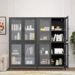 Black Classic Metal Cabinet With 4 Glass Doors And Tempered Glass Shelves: Elegant Storage For Home Or Living Room -Tahanbath black tahanbath pantry organizers z w2378p176372 76 1000