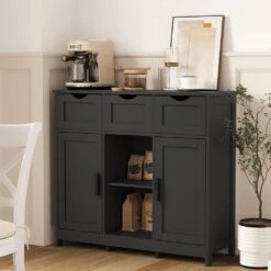 Black Wooden Floor Storage Cabinet With Drawers And Shelves-Ideal For Living Room, Bedroom And Bathroom Decor -Tahanbath black tahanbath pantry organizers z w2386p192272 1f 1000