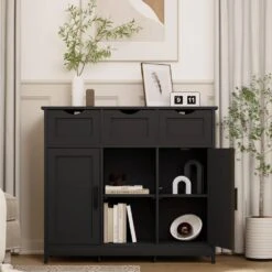 Black Wooden Floor Storage Cabinet With Drawers And Shelves-Ideal For Living Room, Bedroom And Bathroom Decor -Tahanbath black tahanbath pantry organizers z w2386p192272 44 1000