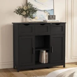 Black Wooden Floor Storage Cabinet With Drawers And Shelves-Ideal For Living Room, Bedroom And Bathroom Decor -Tahanbath black tahanbath pantry organizers z w2386p192272 4f 1000