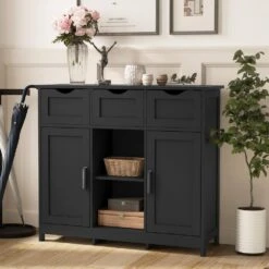 Black Wooden Floor Storage Cabinet With Drawers And Shelves-Ideal For Living Room, Bedroom And Bathroom Decor -Tahanbath black tahanbath pantry organizers z w2386p192272 fa 1000