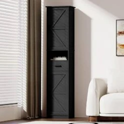 69 In. Tall Adjustable-Shelf Storage Cabinet With 2 Barn Doors For Bath, Living, Entryway And Kitchen (Black) -Tahanbath black tahanbath pantry organizers z w2386p207750 1f 1000