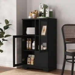 MDF Painted Cabinet With Glass Doors And Drawer, Open Storage Space, Bedroom, Living Room In Black -Tahanbath black tahanbath pantry organizers z w2386p207789 1f 1000