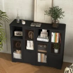 MDF Painted Cabinet With Glass Doors And Drawer, Open Storage Space, Bedroom, Living Room In Black -Tahanbath black tahanbath pantry organizers z w2386p207789 31 1000